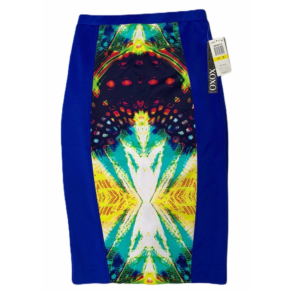 NEW Womens XOXO Blue Star Burst Bodycon Pencil Skirt with Stretch Size M
